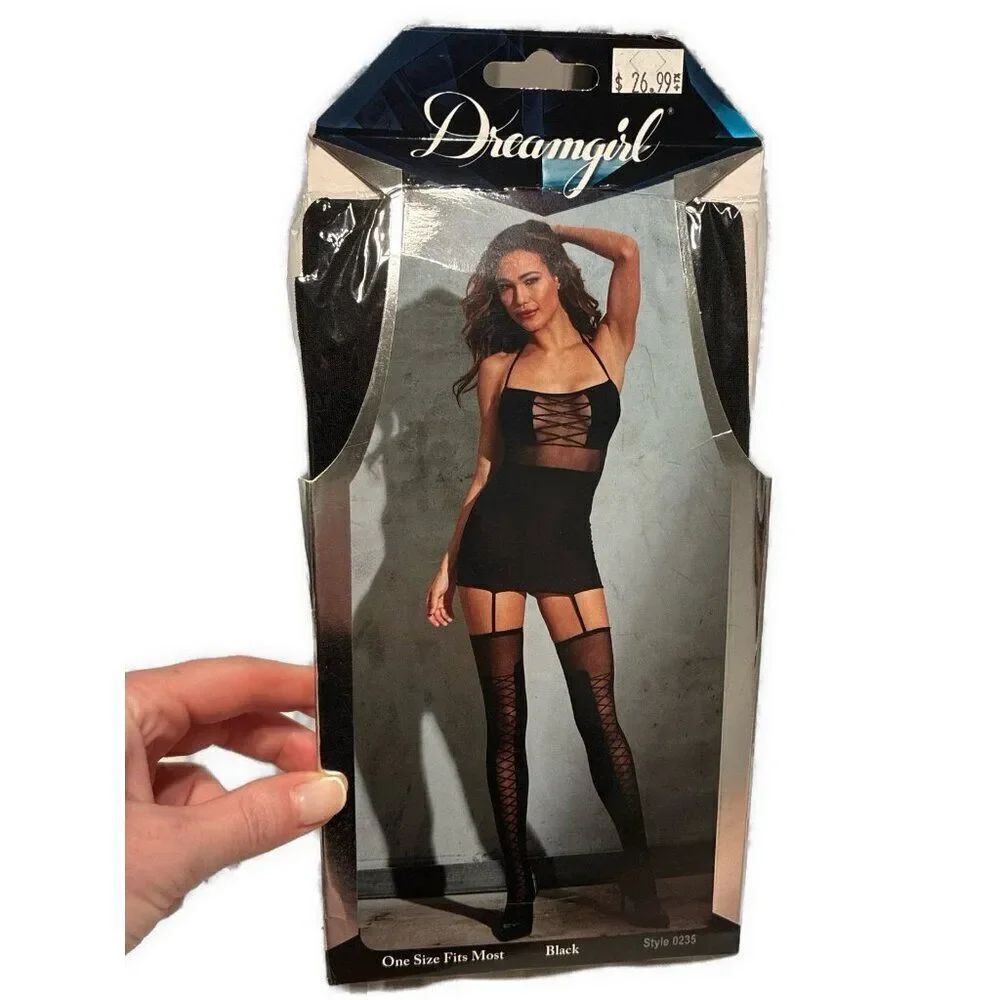 Dreamgirl New Solid Black 0235 Sheer Garter Dress Criss Cross One Size